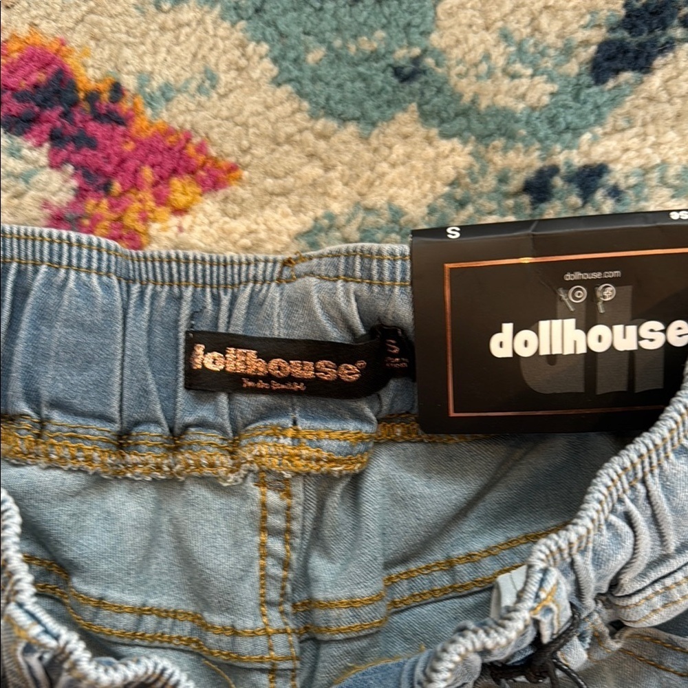 Dollhouse Blue Jean Shorts Elastic Waistband Cuffed Hem - Picture 2 of 10